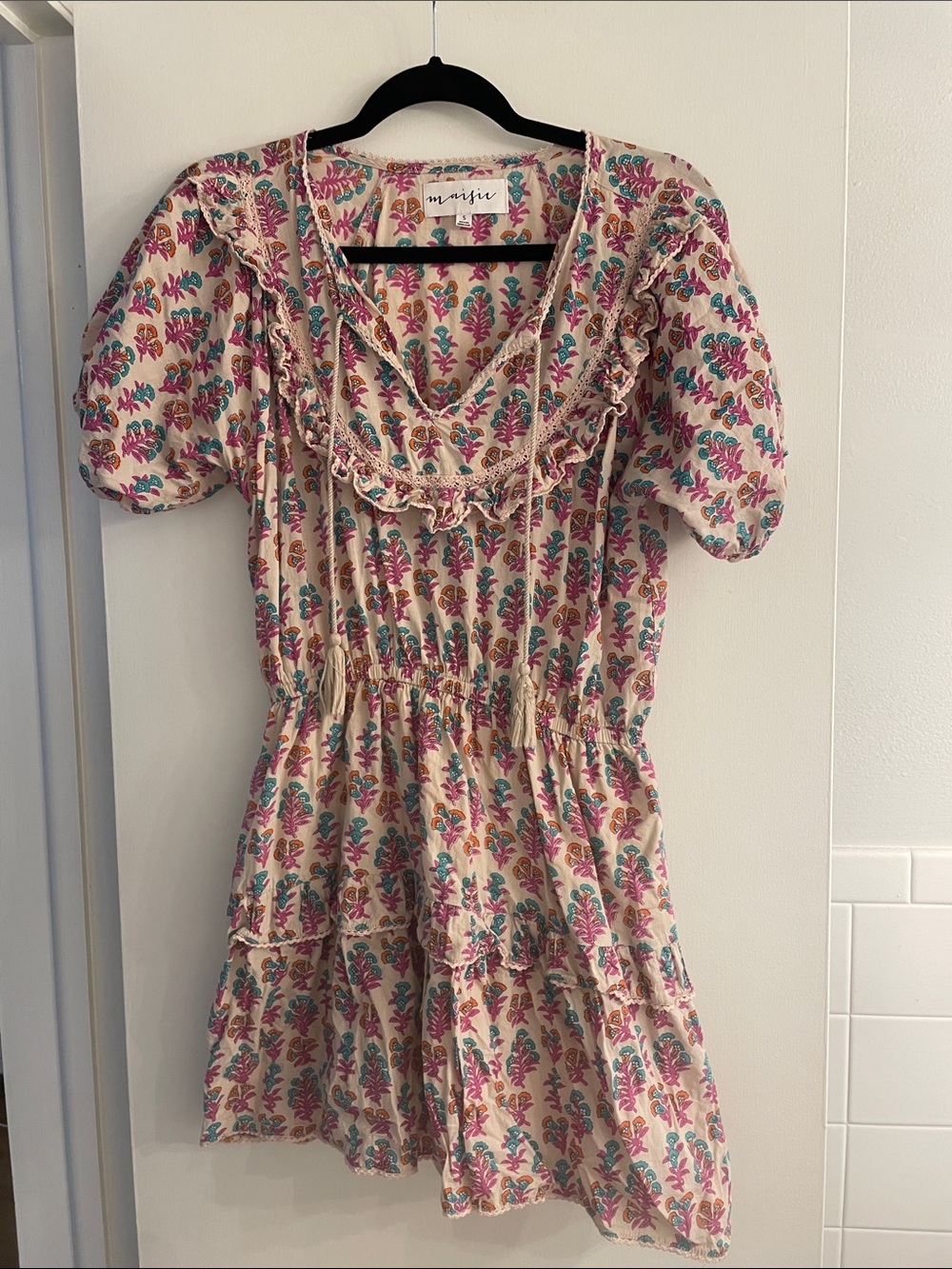 Floral Boho Ruffle Dress in Cream Teal Orange and Pink